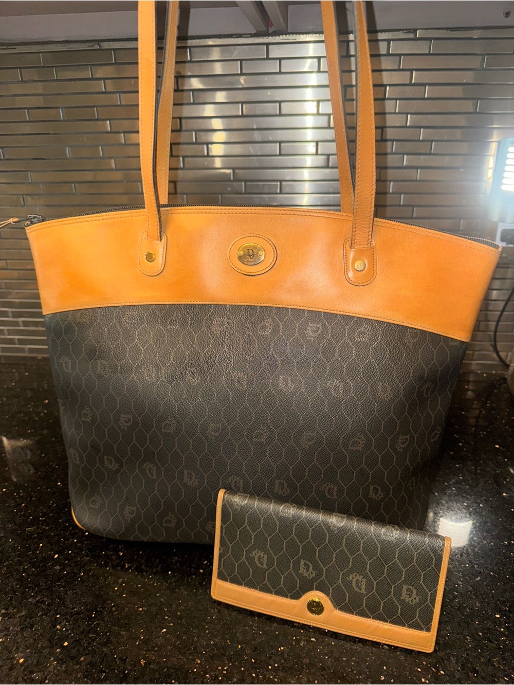 Christian Dior Black Honeycomb Tote with Tan Leather Trim and Matching Wallet